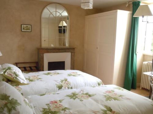 two beds in a room with a fireplace and a mirror at Maison de la Garenne & Spa in Vannes
