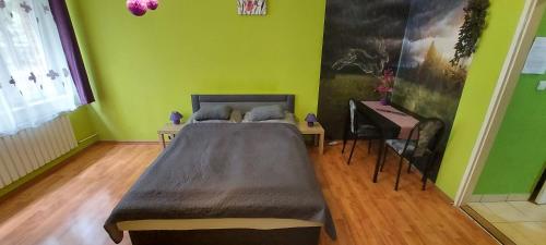 1 dormitorio con 1 cama grande y piano en Greenapartman en Budapest