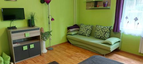 un soggiorno con divano e TV a schermo piatto di Greenapartman a Budapest
