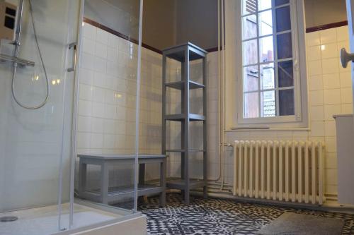 a bathroom with a shower stall and a window at Manoir Normand au cœur d’un Domaine Equestre in Saint-Samson