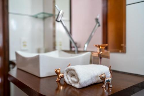 a bathroom with a sink and a towel on a table at LUAR DO MIRANTE ,casa com AR p temporada piscina aquecida hidro dentro da cidade in Pirenópolis