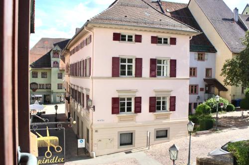 a large white building with red windows on a street at Vier Sind Hier Apartments in Rottweil