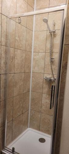 um chuveiro com uma porta de vidro na casa de banho em Bed and Breakfast Ashfield em Pocklington