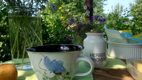 a coffee cup sitting on a table with flowers at JANISCHs Fewo im Spreewald, Terrasse, großer Garten und Blick inklusive in Unterspreewald