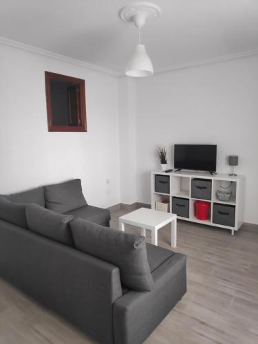 a living room with a couch and a tv at Apartamento espacioso, nuevo, luminoso y acogedor in Casar de Cáceres