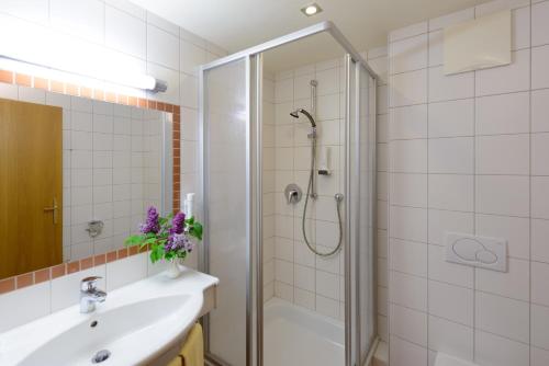 a bathroom with a shower and a sink and a mirror at Gasthof zur Strass in Eugendorf