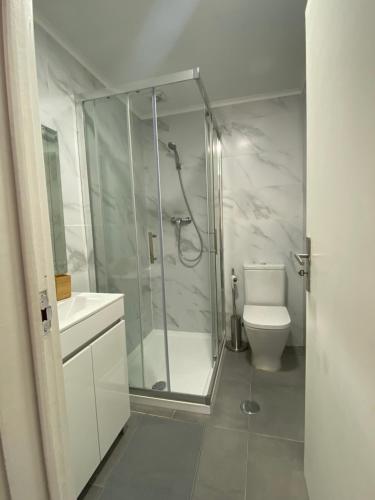een badkamer met een douche en een toilet bij Suites Setúbal - River View in Setúbal