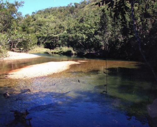 a body of water with a beach and trees at Sítio Aroeira Estúdios in Alto Paraíso de Goiás