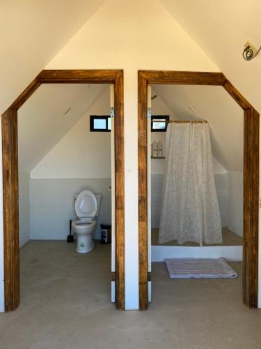 a bathroom with a toilet in a attic at The Pangea Valle de Guadalupe in Valle de Guadalupe