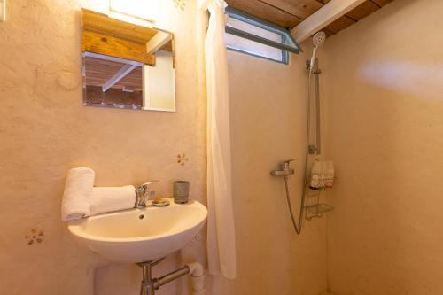 a bathroom with a sink and a shower at Hemdatya Stone Suites In The Galilee in Ilaniya