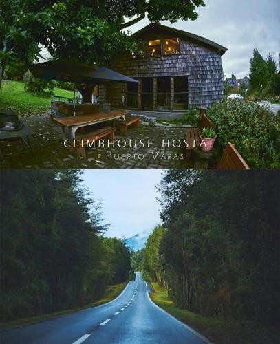 a collage of two pictures of a house and a road at Hostal Climb House in Puerto Varas