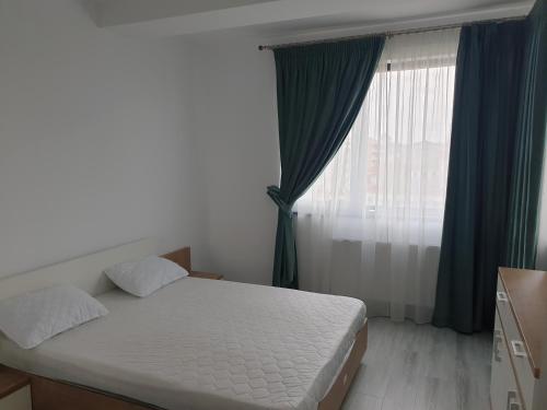 Elysa Apartament في مامايا نورد نافورداي: غرفة نوم بها سرير ونافذة كبيرة