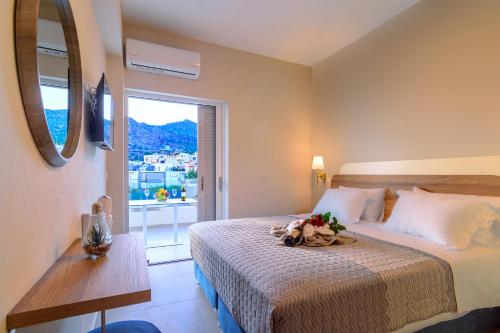 um quarto de hotel com uma cama e uma janela em Vakakis Family Luxury Studios 2 em Palaiochora