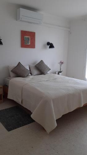 biała sypialnia z dużym białym łóżkiem z poduszkami w obiekcie Bel appartement avec grande terrasse ensoleillée et jardin w Perpignanie
