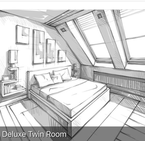 a drawing of a bedroom with a bed in a room at The Fulwich Hotel in Dartford