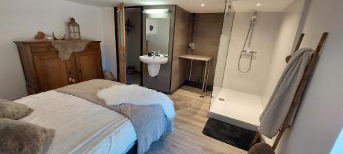 La salle de bains est pourvue d'un lit, d'une douche et d'un lavabo. dans l'établissement Au bois notre Dame, à Vresse-sur-Semois