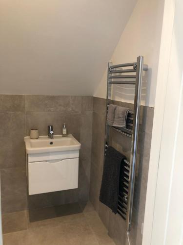 a bathroom with a sink and a towel rack at Oakworth Lodge - New self contained studio in Heathfield