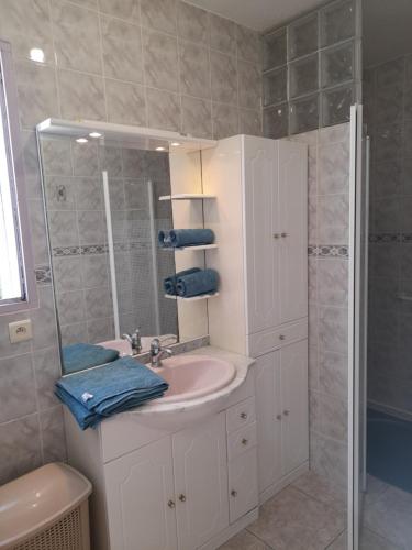 W łazience znajduje się umywalka oraz prysznic z niebieskimi ręcznikami. w obiekcie Appartement avec extérieur et parking gratuit w Perpignanie