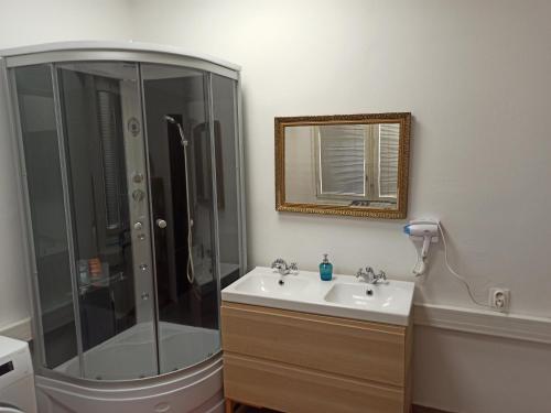 a bathroom with a shower and a sink at Apartmán Stummerova in Topoľčany