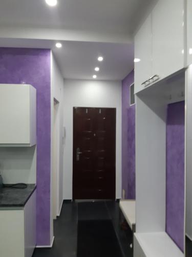a kitchen with purple and white walls and a door at apartman Dani in Derventa