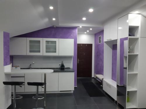 a kitchen with white cabinets and purple walls at apartman Dani in Derventa