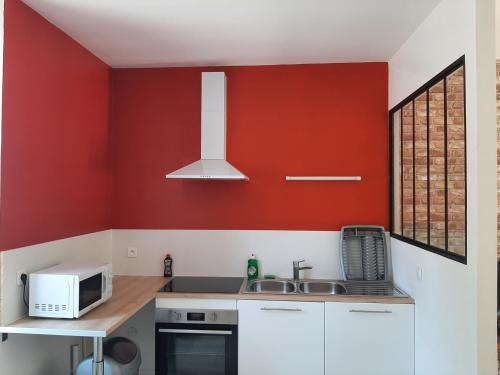 a kitchen with red walls and a sink and a microwave at T3 standing 