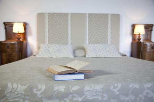 a book sitting on top of a bed at Castello Vicchiomaggio in Greve in Chianti