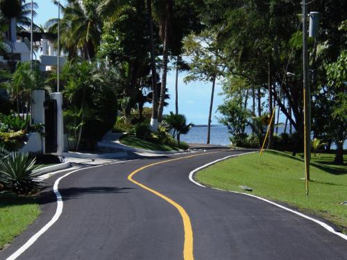 a winding road with palm trees and the ocean at Beautiful Apartment with Terrace in Contadora