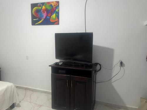 a flat screen tv sitting on top of a wooden cabinet at Apartamento Africa in Palenque