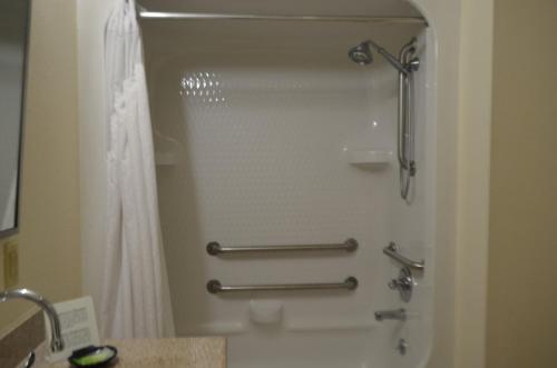 a shower stall in a bathroom with a shower curtain at Holiday Inn Express Hotel & Suites West Point-Fort Montgomery, an IHG Hotel in Fort Montgomery