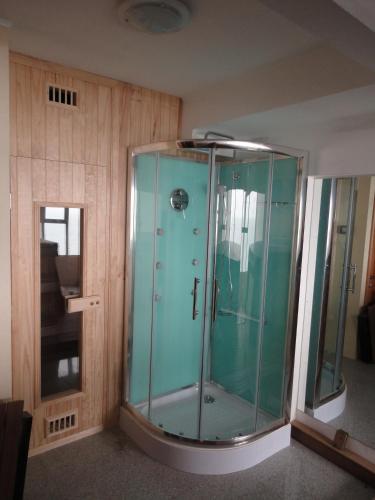 a glass shower in the corner of a room at Hotel Florencia Suites & Apartments in Antofagasta
