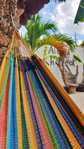 a group of colorful hammocks on a beach at Aldea Che-Eek , con acceso a un club de playa privado in Bacalar
