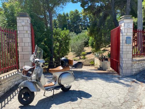 a motor scooter parked in front of a gate at Villa Pineta in San Menaio