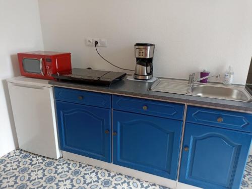 - un plan de travail bleu avec un four micro-ondes et un évier dans l'établissement Le Roi des chats, gîte proche de Beauval et des châteaux, à Mareuil-sur-Cher