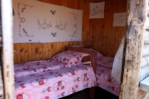 two beds in a room with wooden walls at Katun Kuline in Kolašin