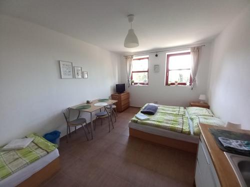 a room with two beds and a desk and a table at Studio na horách in Cerny Dul