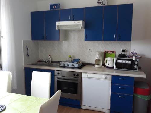 洛帕爾的住宿－Apartment Lopar 5019a，厨房配有蓝色橱柜和台面