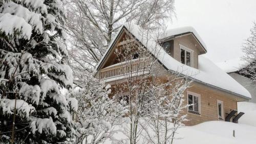 a house covered in snow next to a tree at Chalets zum Latschen in Mauth