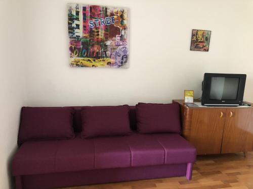 a purple couch in a living room with a tv at Studio Tucepi 6901b in Tučepi