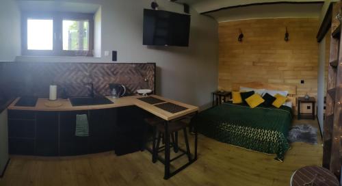 Zimmer mit einem Schreibtisch und einem Bett in einem Zimmer in der Unterkunft Zdomek in Teplice nad Metují
