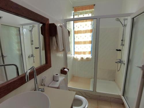 ein Bad mit einer Dusche, einem WC und einem Waschbecken in der Unterkunft New Safari Hotel 