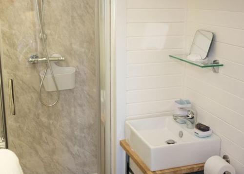 ein weißes Bad mit einem Waschbecken und einer Dusche in der Unterkunft Culkein Pods in Lochinver