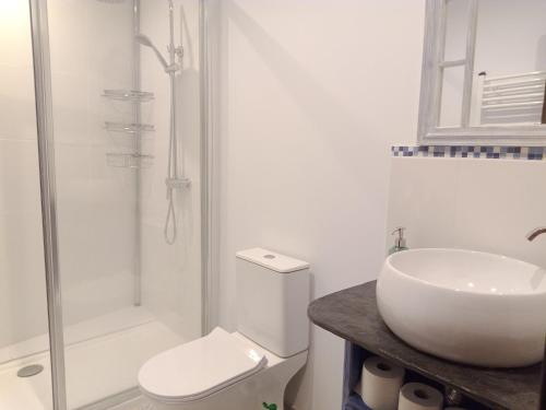 a bathroom with a sink and a toilet and a shower at Charming cottage in the heart of the Ribera sacra in Castro Caldelas