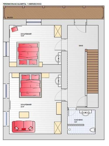 a floor plan of a house with red furniture at Flierelerhof in Arzl im Pitztal