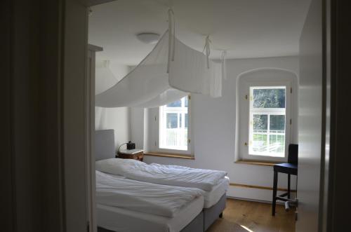 a bedroom with a bed and two windows at Goldschmiedsmühle in Lindau