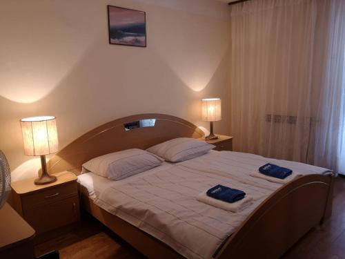 ein Schlafzimmer mit einem großen Bett mit zwei Handtüchern darauf in der Unterkunft Apartments with a parking space Kampor, Rab - 5032 in Rab