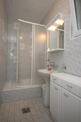 a bathroom with a shower and a sink and a toilet at Apartments by the sea Mandre, Pag - 6515 in Kolan