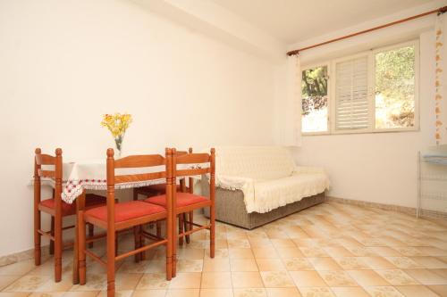 ein Esszimmer mit einem Tisch, Stühlen und einem Fenster in der Unterkunft Apartments with a parking space Tucepi, Makarska - 6857 in Tučepi
