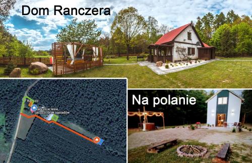 un collage de fotos de un granero y un parque infantil en Ranczo w lesie - domki z jacuzzi en Ożarów