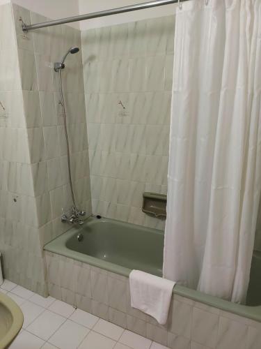 普羅塔拉斯的住宿－海鷗公寓式酒店，浴室配有带浴帘的绿色浴缸